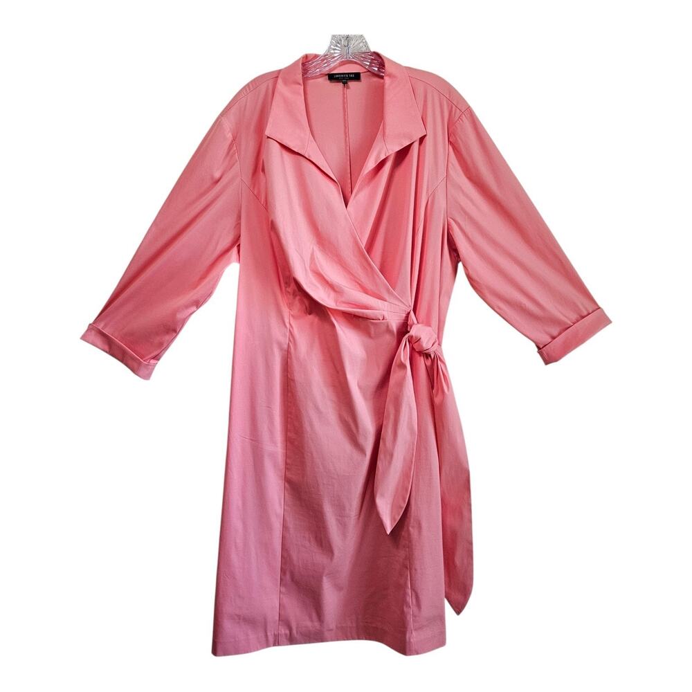 LAFAYETTE 148 Women's Plus 22 Dress Midi Faux Wrap Coral Attached Belt Collared
